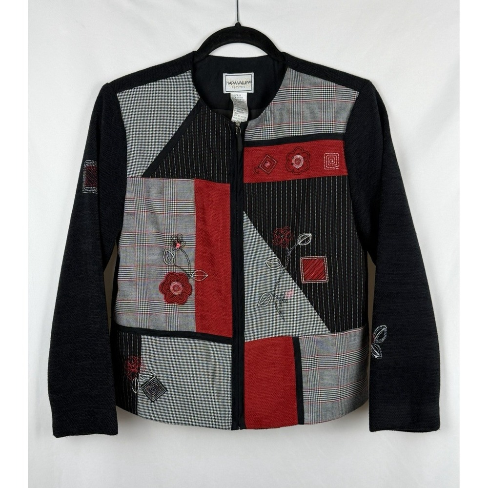 Vtg Napa Valley Petites Patchwork Floral Jacket XS Red Black Plaid Zip 90s Y2K